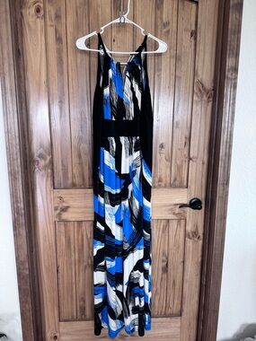London Style Blue Black White Abstract Print Maxi Dress
